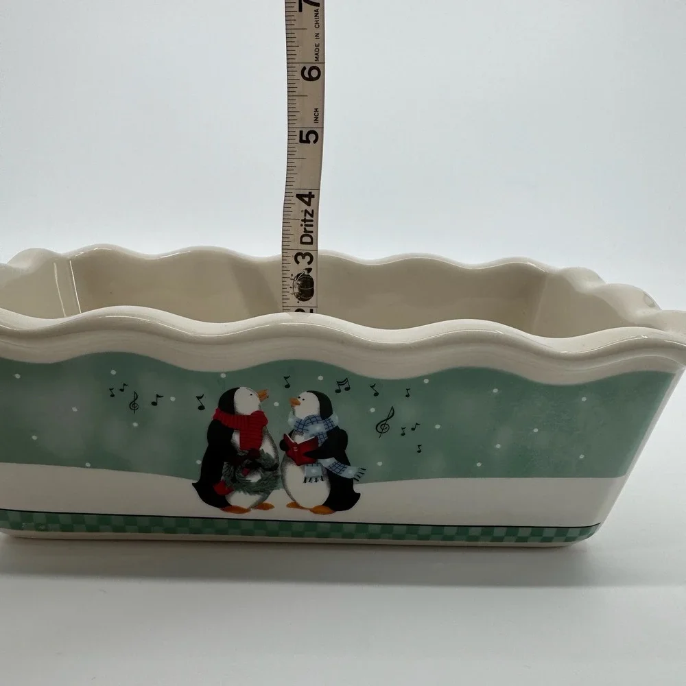 Garden Ridge Caroling Penguin Christmas Loaf Pan Ceramic Baking Dish Holiday